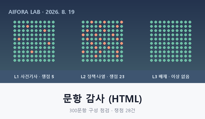 문항 감사 썸네일 — 300문항을 점으로 나타낸 3개 격자, 쟁점 문항이 붉게 표시됨